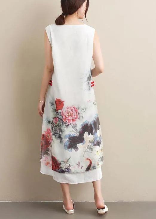 100% White Ink Painting Tunic Dress O Neck Sleeveless Maxi Summer Dress