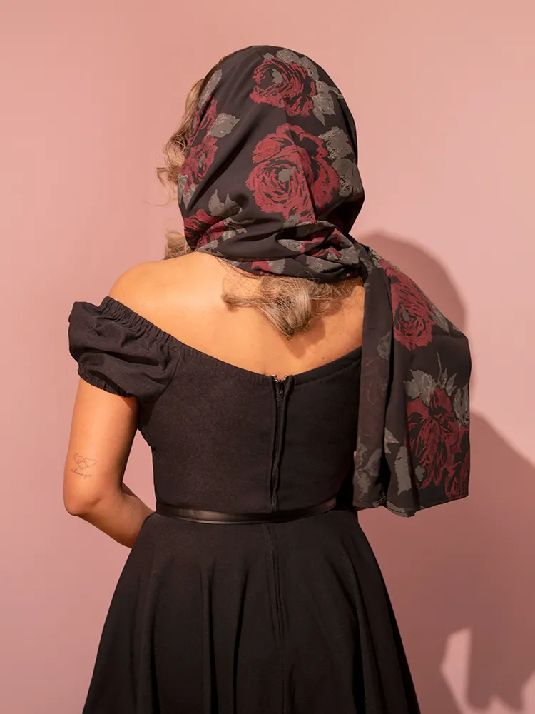 1950s Inspired Chiffon Scarf in Black Rose Print - Vixen by Micheline Pitt