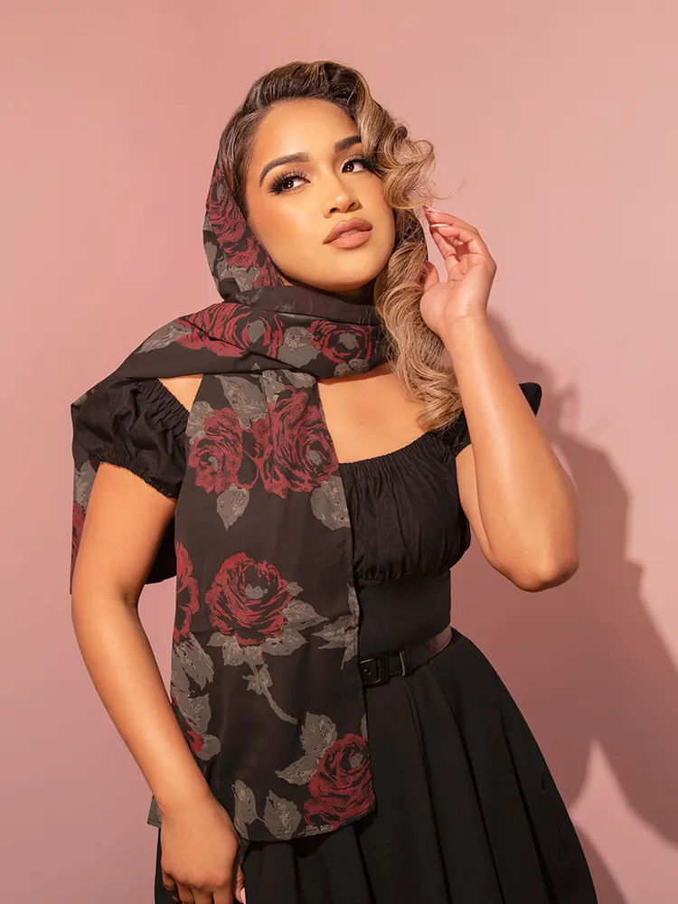 1950s Inspired Chiffon Scarf in Black Rose Print - Vixen by Micheline Pitt