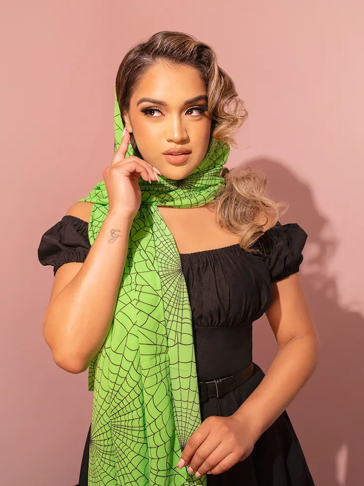 1950s Inspired Chiffon Scarf in Slime Green Spider Web Print - Vixen by Micheline Pitt