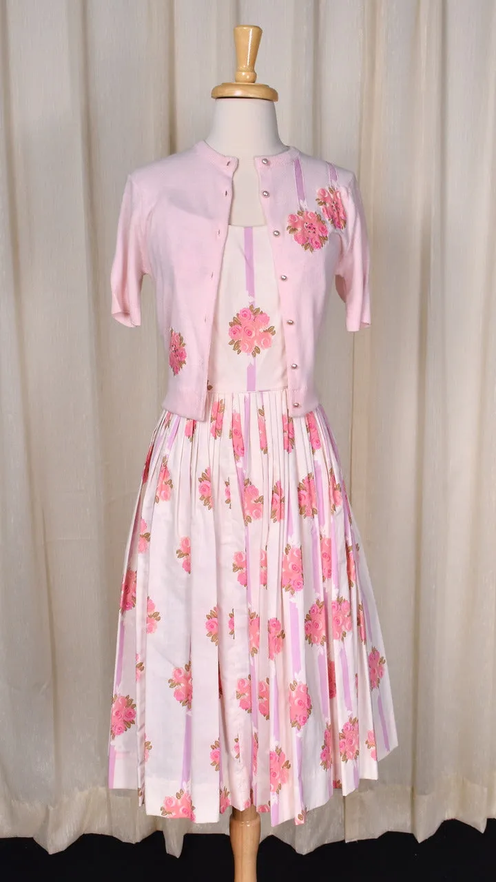 1950s Pink Roses Gilden Swing Dress w Rhinestone Cardigan