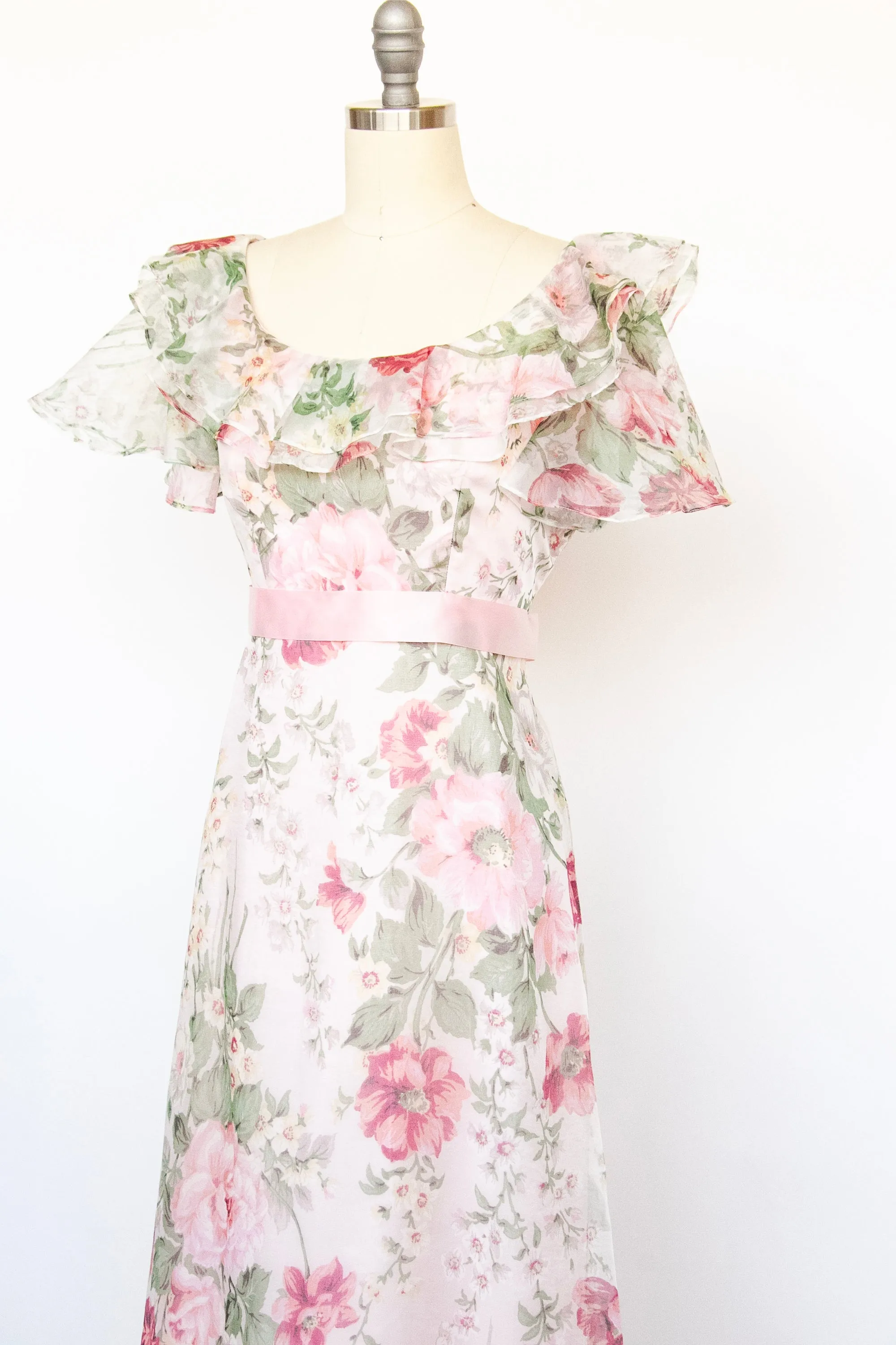 1970s Maxi Gown Chiffon Floral Ruffle Dress M