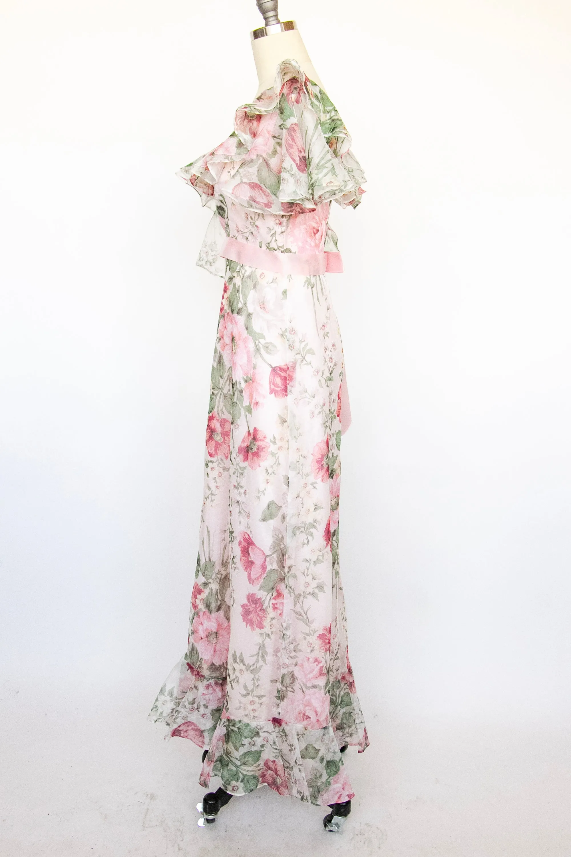 1970s Maxi Gown Chiffon Floral Ruffle Dress M