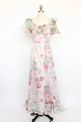 1970s Maxi Gown Chiffon Floral Ruffle Dress M