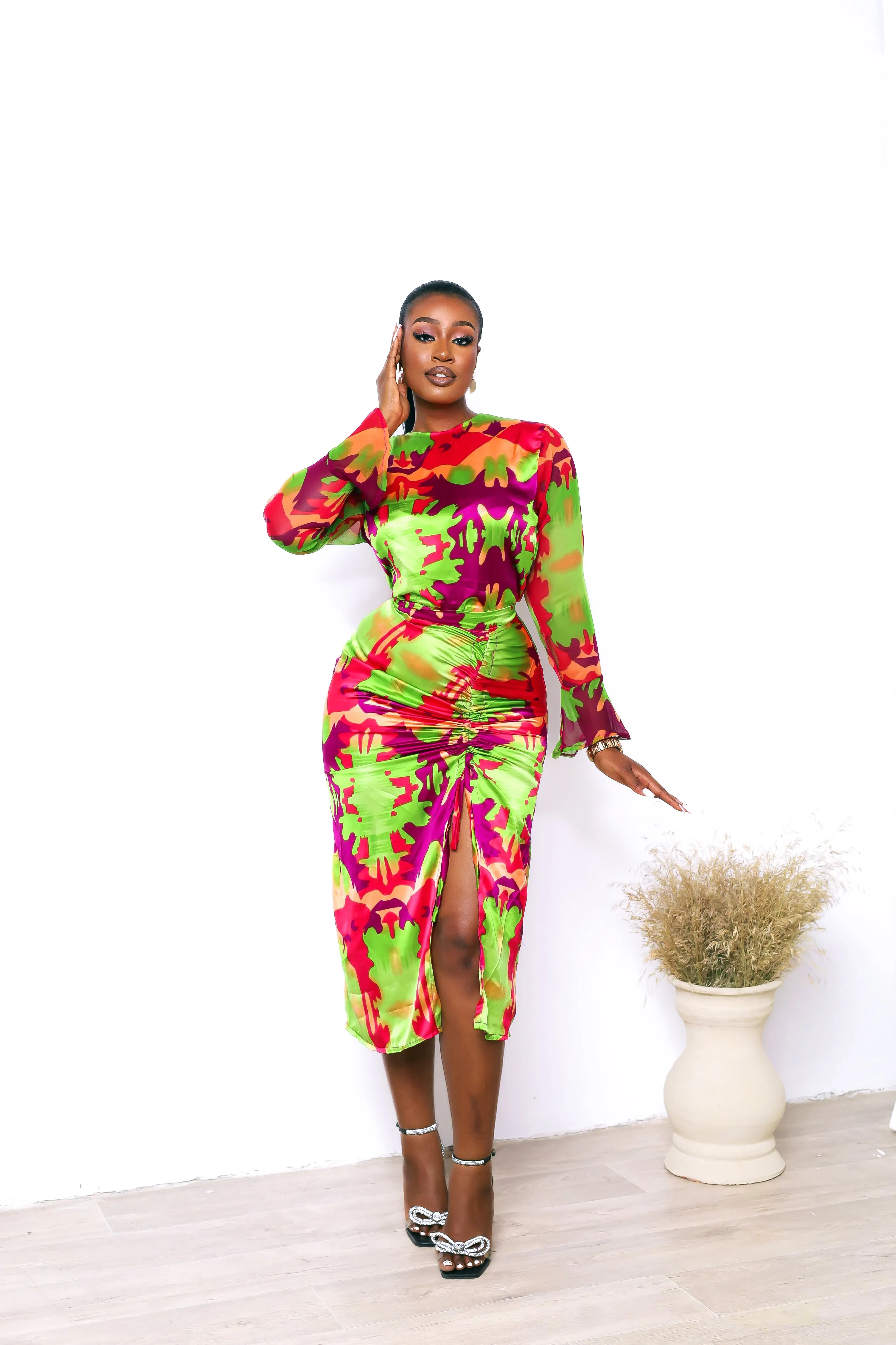 2 Pcs African Print Silk Long Sleeve Blouse and Drawstring Skirt Set - Fola