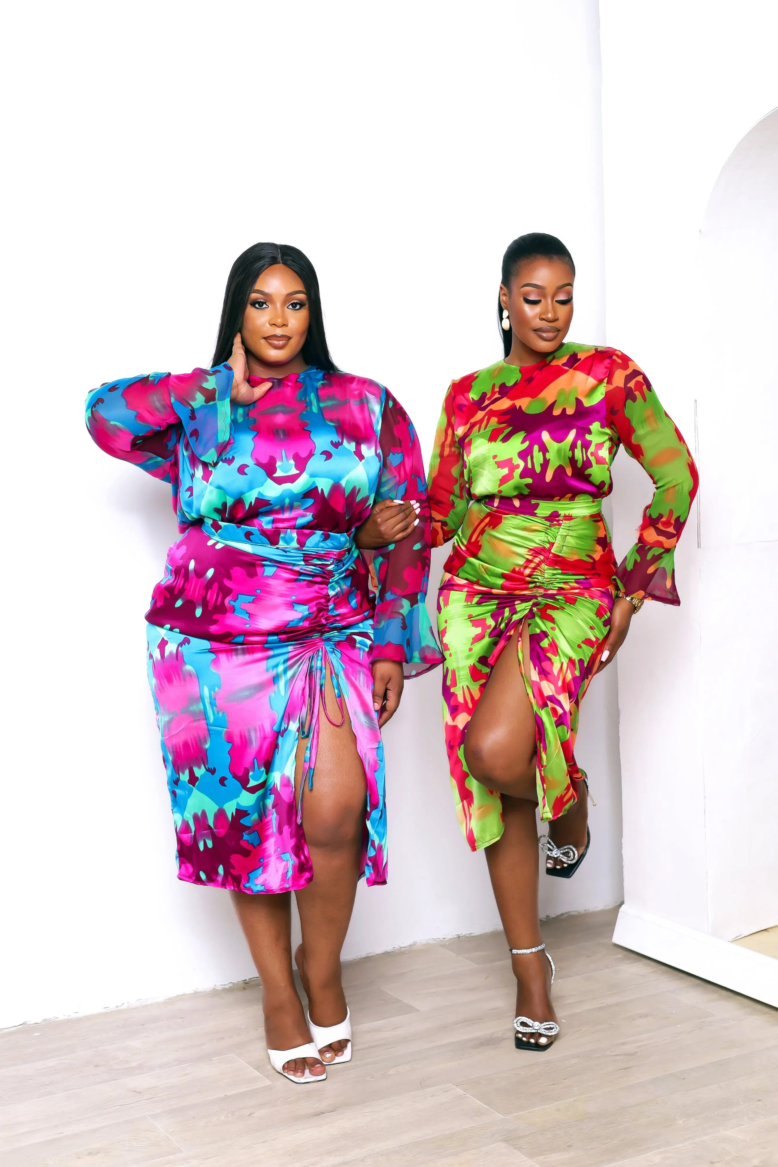 2 Pcs African Print Silk Long Sleeve Blouse and Drawstring Skirt Set - Fola