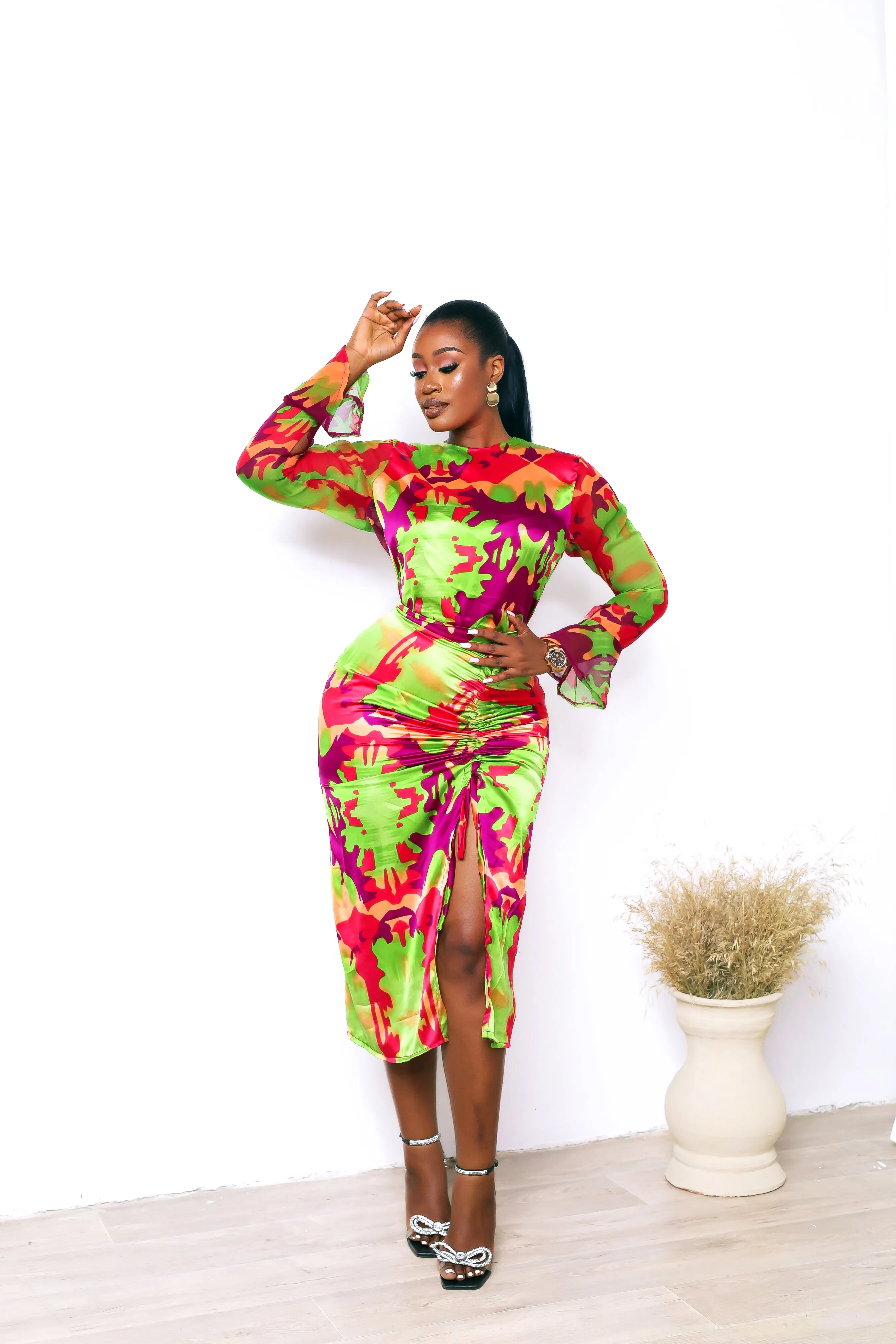 2 Pcs African Print Silk Long Sleeve Blouse and Drawstring Skirt Set - Fola