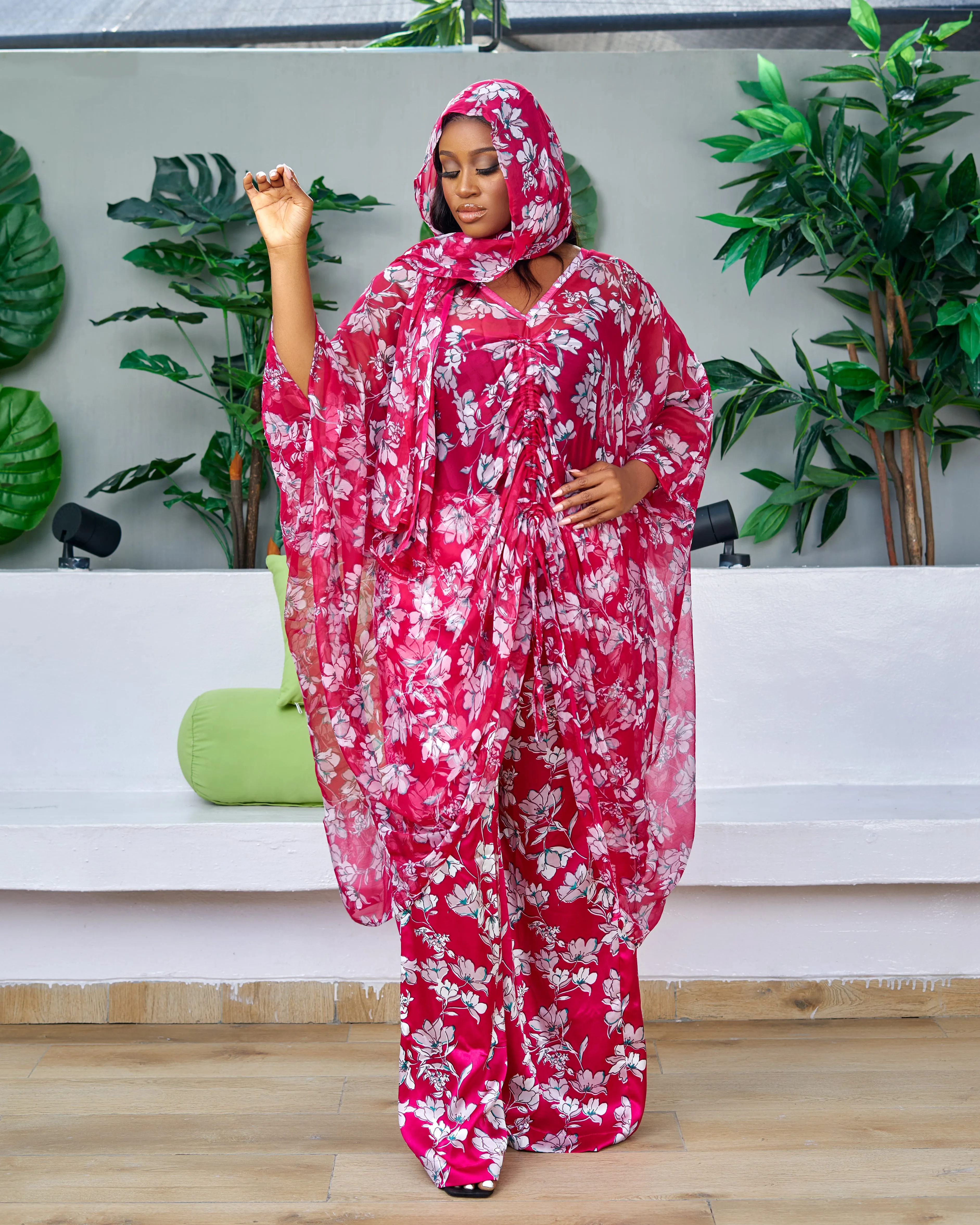 3pc Drawstring African Print Chiffon Kaftan top and Trouser Set - Jayike