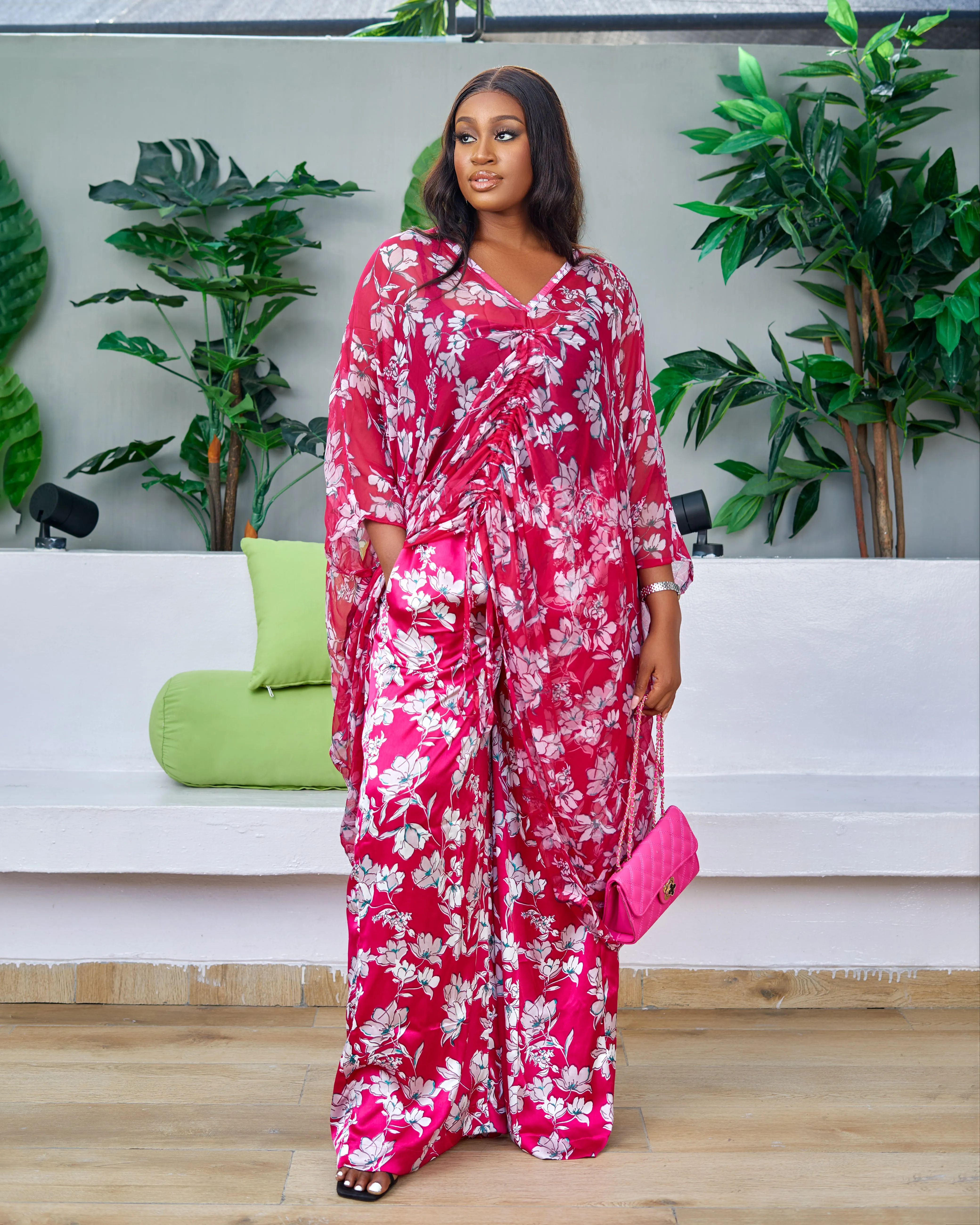 3pc Drawstring African Print Chiffon Kaftan top and Trouser Set - Jayike