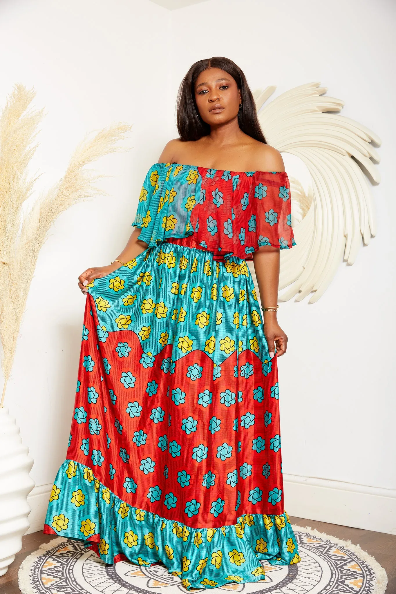 Adire Silk Print Maxi Off Shoulder Gypsy Dress - Amah