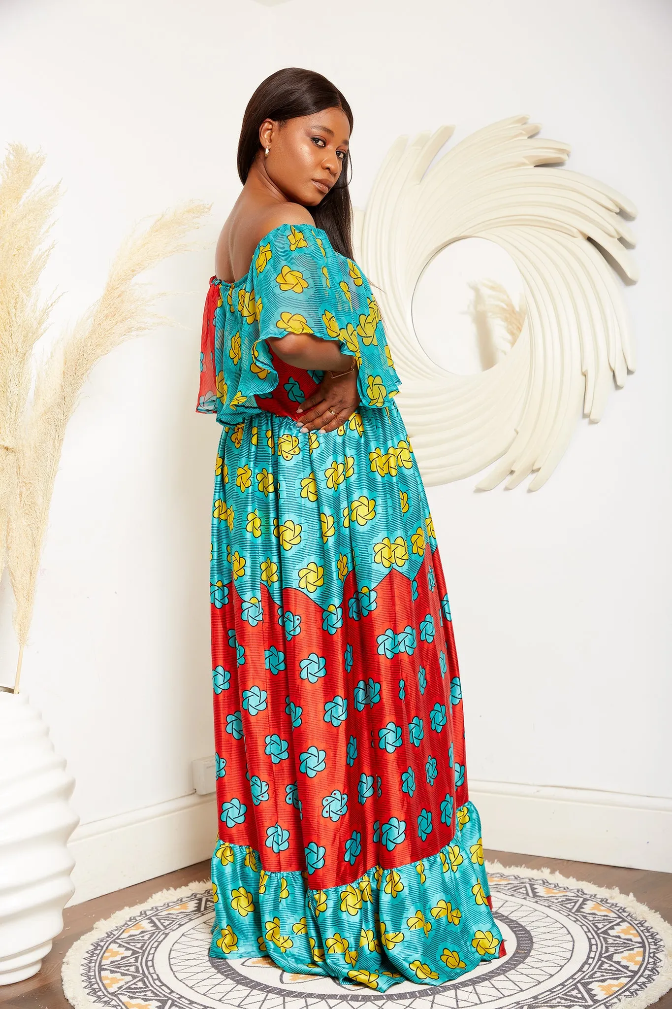 Adire Silk Print Maxi Off Shoulder Gypsy Dress - Amah