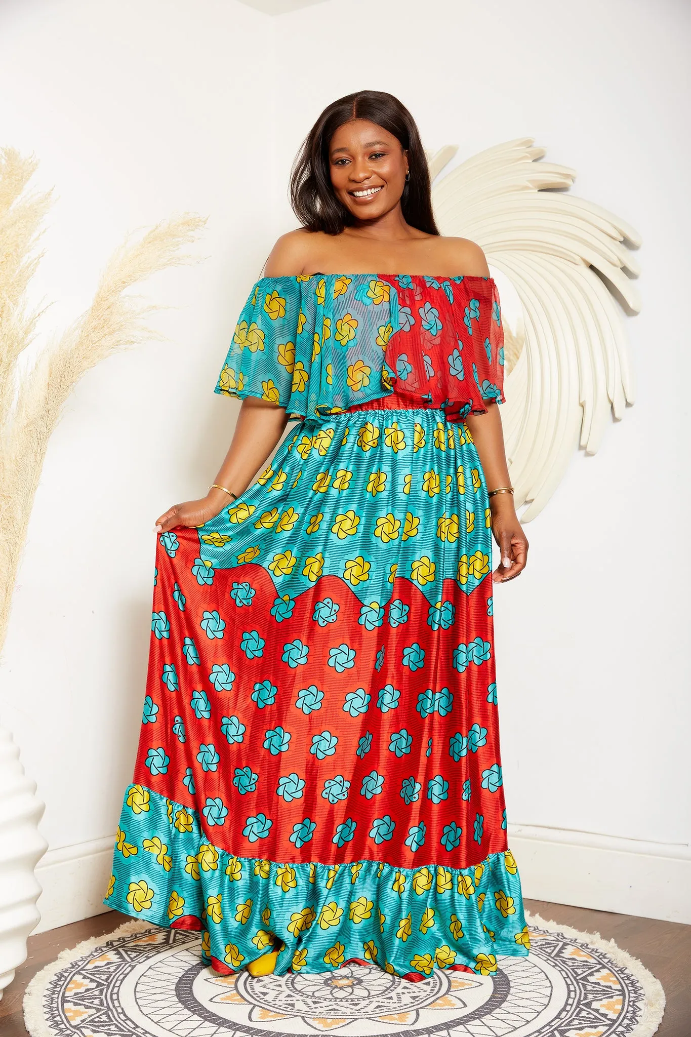 Adire Silk Print Maxi Off Shoulder Gypsy Dress - Amah