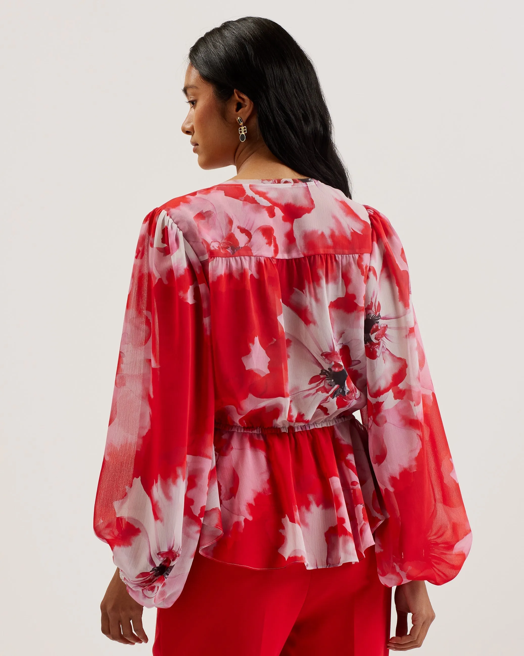 Aleria Printed Tie Front Balloon Sleeve Blouse Red