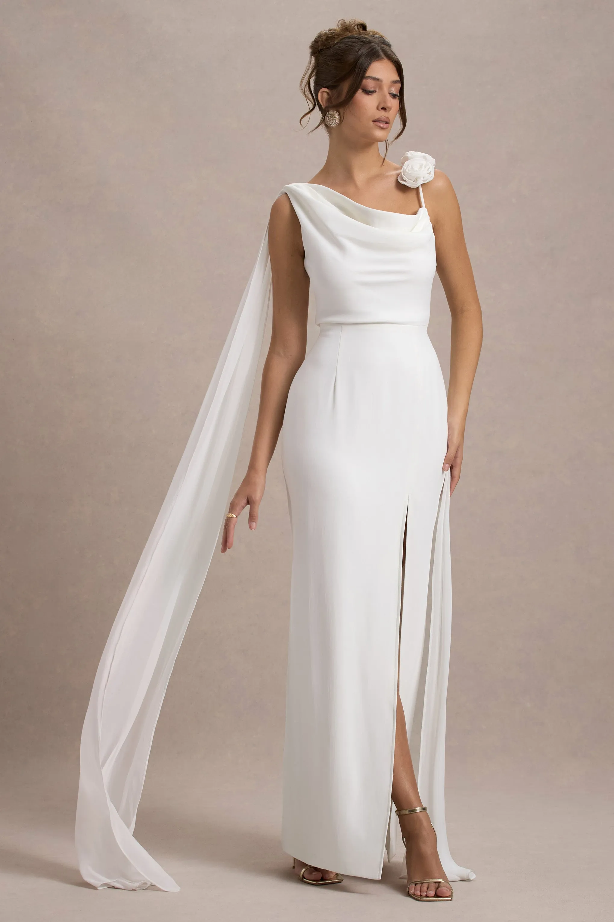 Angeline | White Chiffon Draped Split Maxi Dress With Corsages