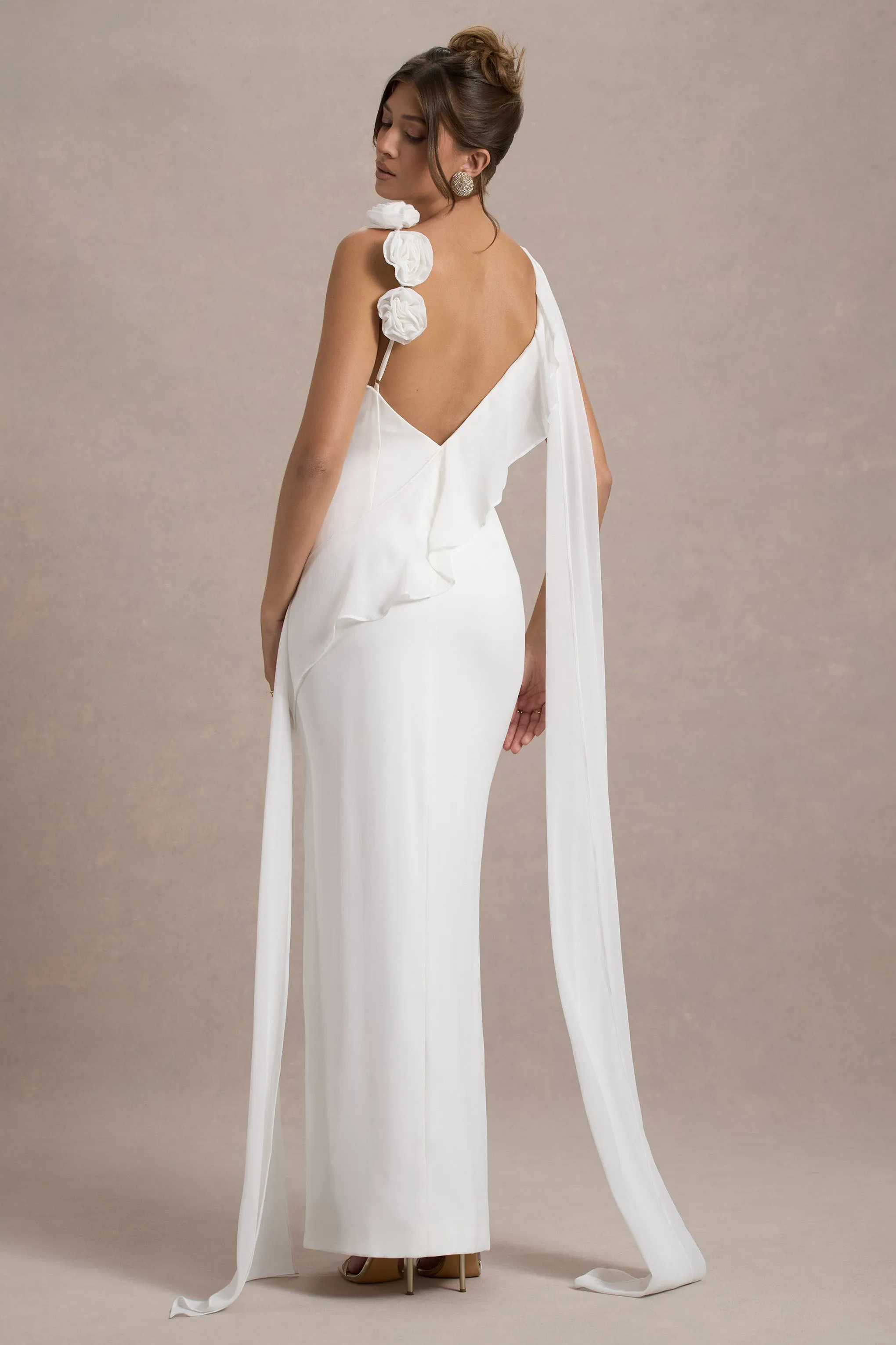 Angeline | White Chiffon Draped Split Maxi Dress With Corsages