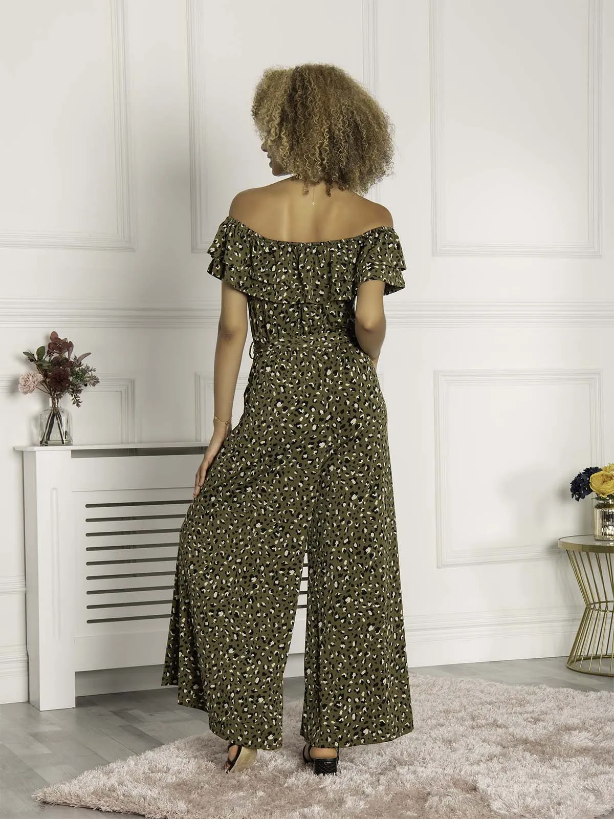 Animal Print Ruffle Jumpsuit, Green Animal