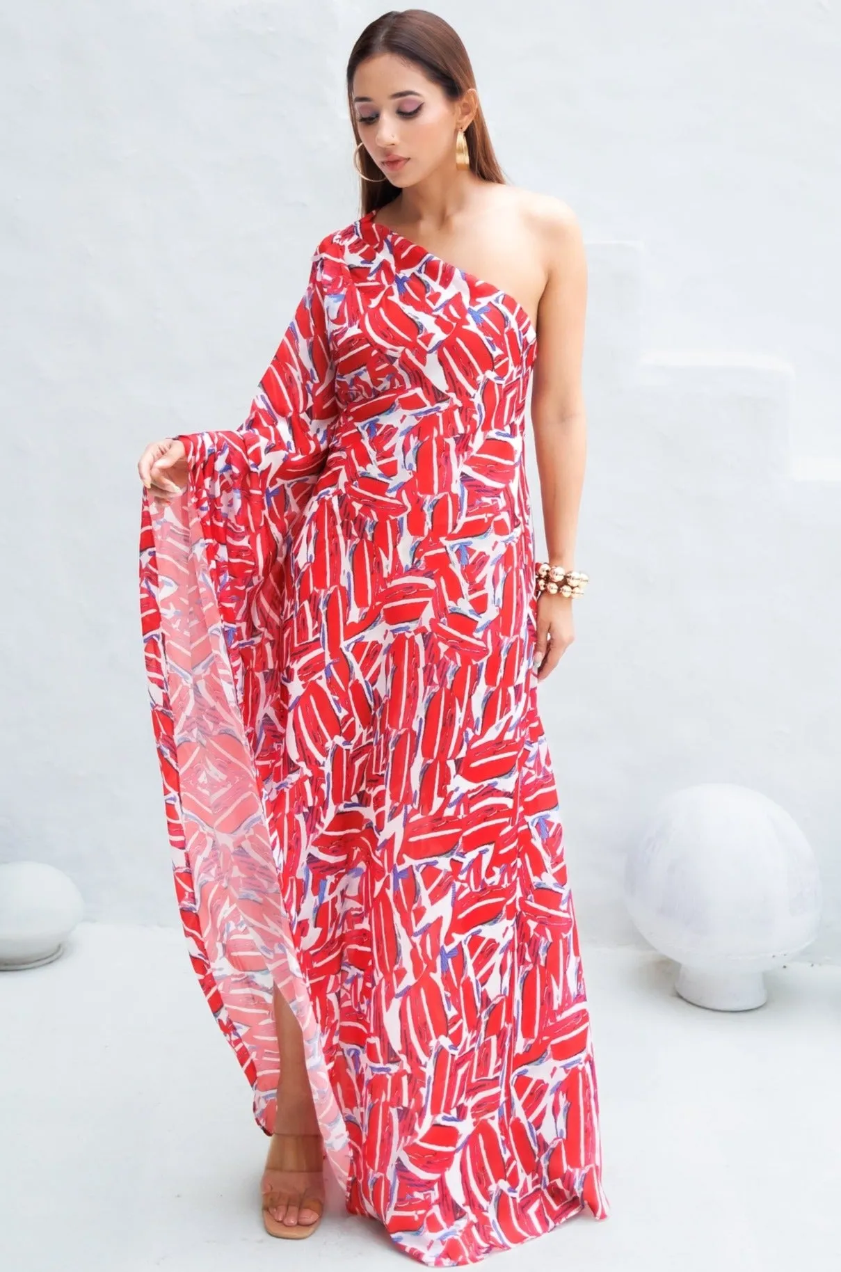 Art Print Off Shoulder Kaftan Dress