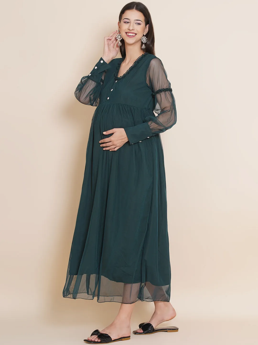 Baby Shower Solid Dark Green Color Maxi Dress