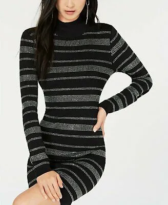 Bar III Rhinestone-Stripe Sweater Dress, Size XXS/Black