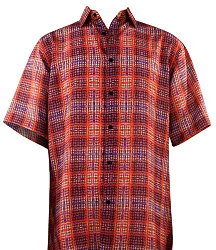 Bassiri Plaid Pattern Button Front Short Sleeve Square Hem Red & Blue Men's Shirt