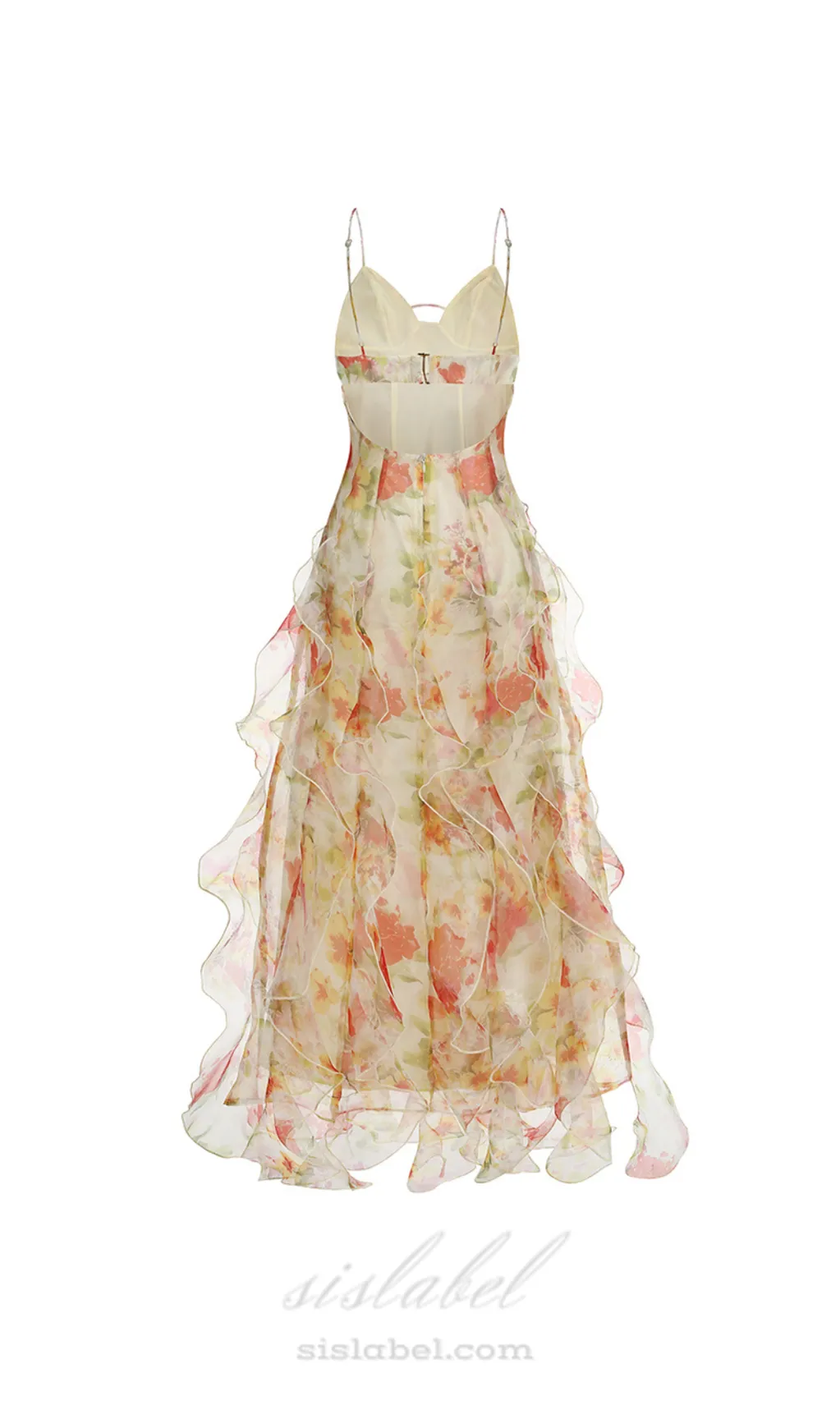 BELINDA YELLOW FLORAL VERTICAL RUFFLE TRIM MAXI DRESS