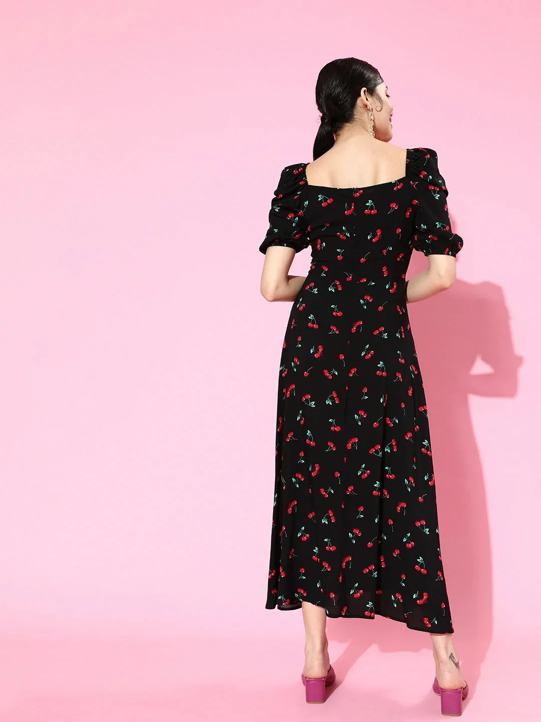 Berrylush Women Black Cherry Printed Sweetheart Neck Crepe Flared A-Line Maxi Dress