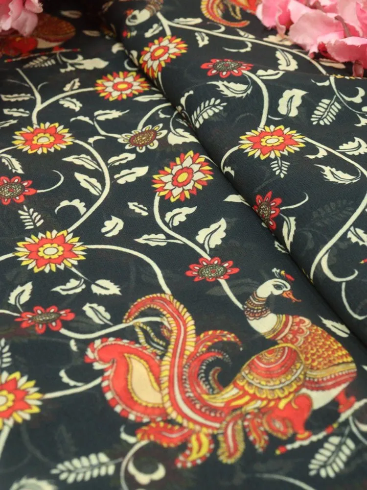 Black Digital Printed Georgette Floral Design Fabric ( 1 Mtr )