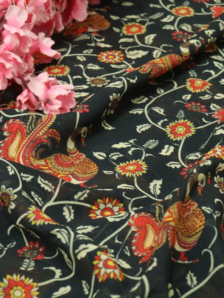 Black Digital Printed Georgette Floral Design Fabric ( 1 Mtr )