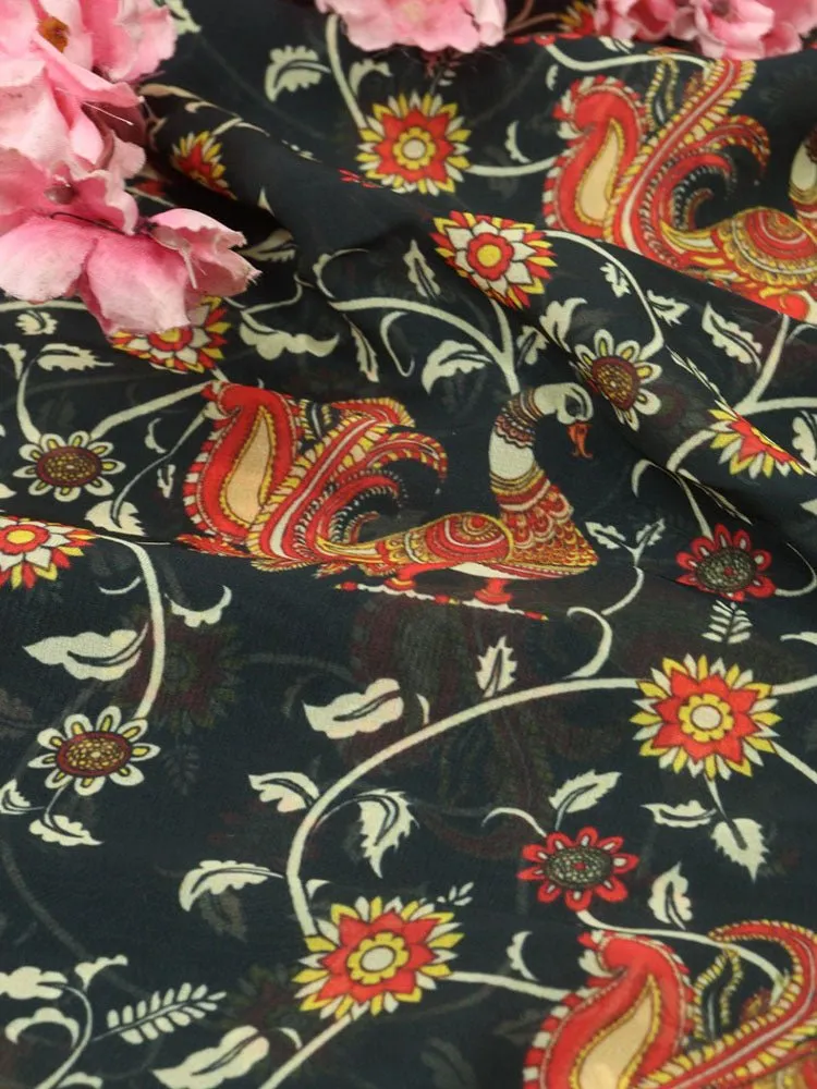 Black Digital Printed Georgette Floral Design Fabric ( 1 Mtr )