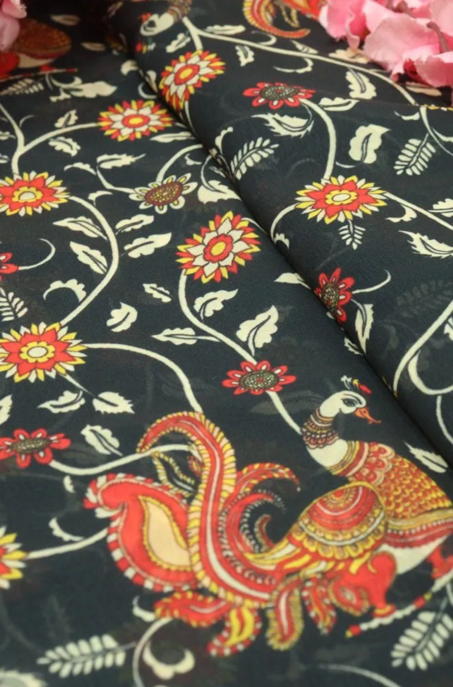 Black Digital Printed Georgette Floral Design Fabric ( 1 Mtr )