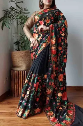 Black Embroidered Kashmiri Aari Work Georgette Floral Design Saree