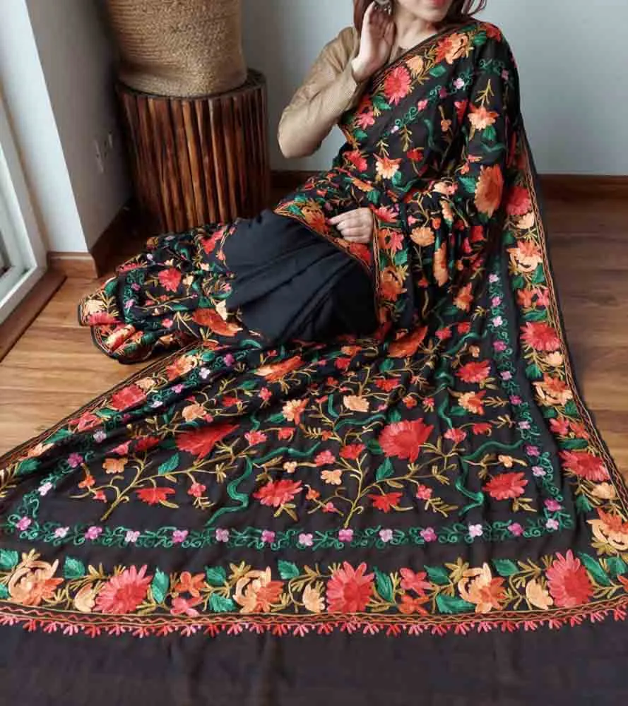 Black Embroidered Kashmiri Aari Work Georgette Floral Design Saree