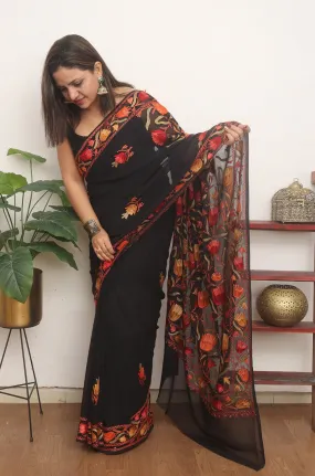 Black Embroidered Kashmiri Aari Work Georgette Saree