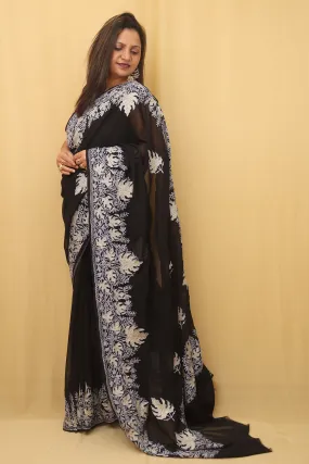 Black Embroidered Kashmiri Aari Work Georgette Saree