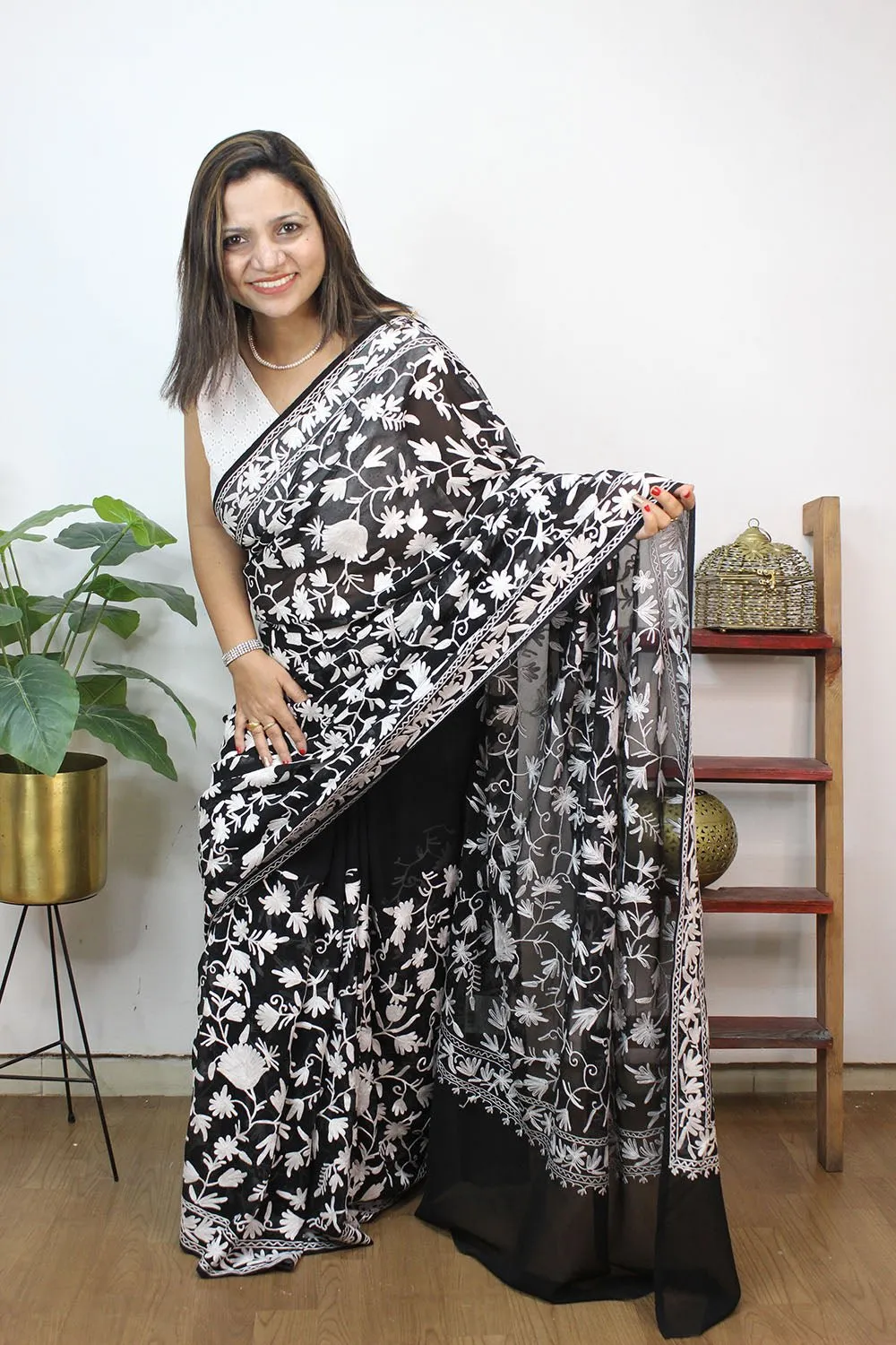 Black Embroidered Kashmiri Aari Work Georgette Saree