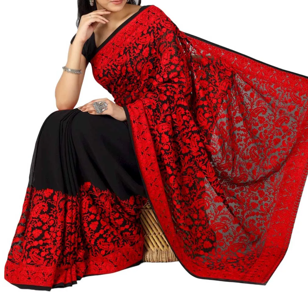 Black Embroidered Kashmiri Aari Work Georgette Saree