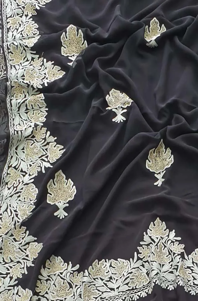 Black Embroidered Kashmiri Aari Work Georgette Saree