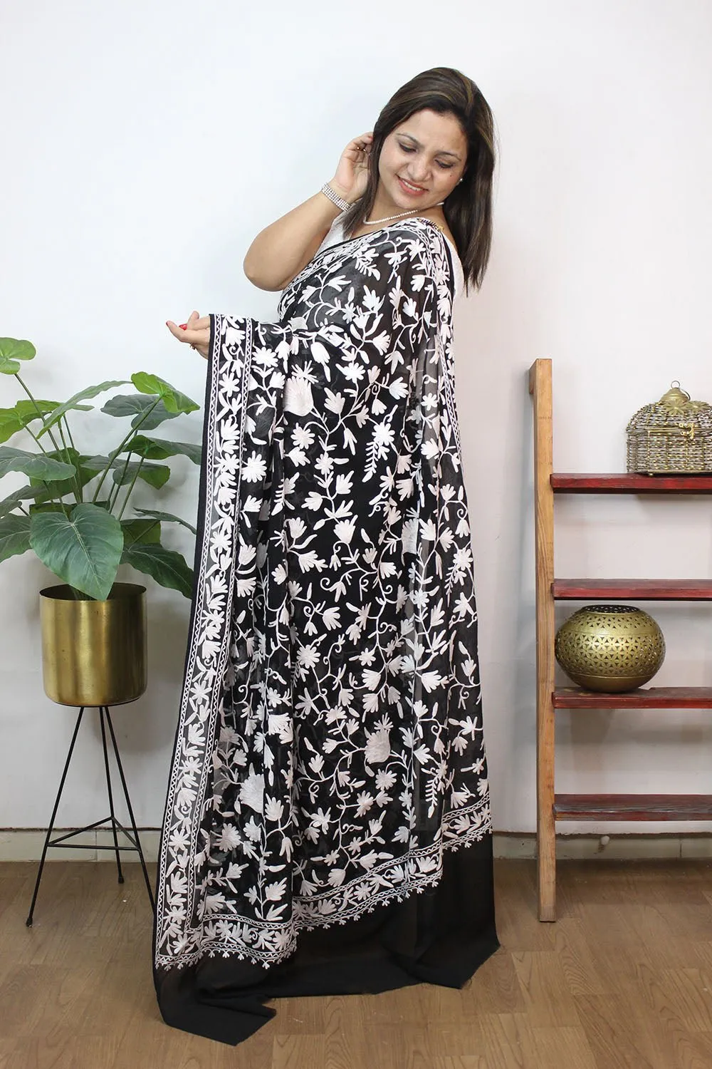 Black Embroidered Kashmiri Aari Work Georgette Saree