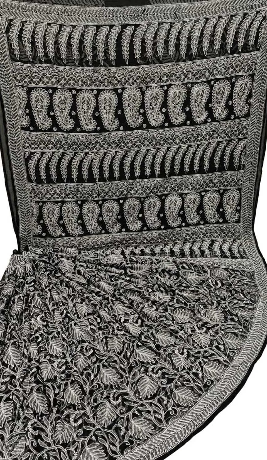 Black Hand Embroidered Chikankari Chiffon Georgette Saree