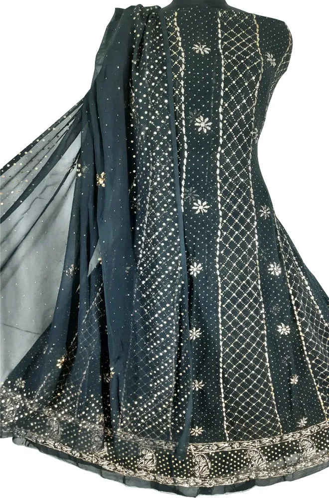 Black Hand Embroidred Chikankari Pure Georgette Anarkali Unstitched Suit Set With Mukaish Work