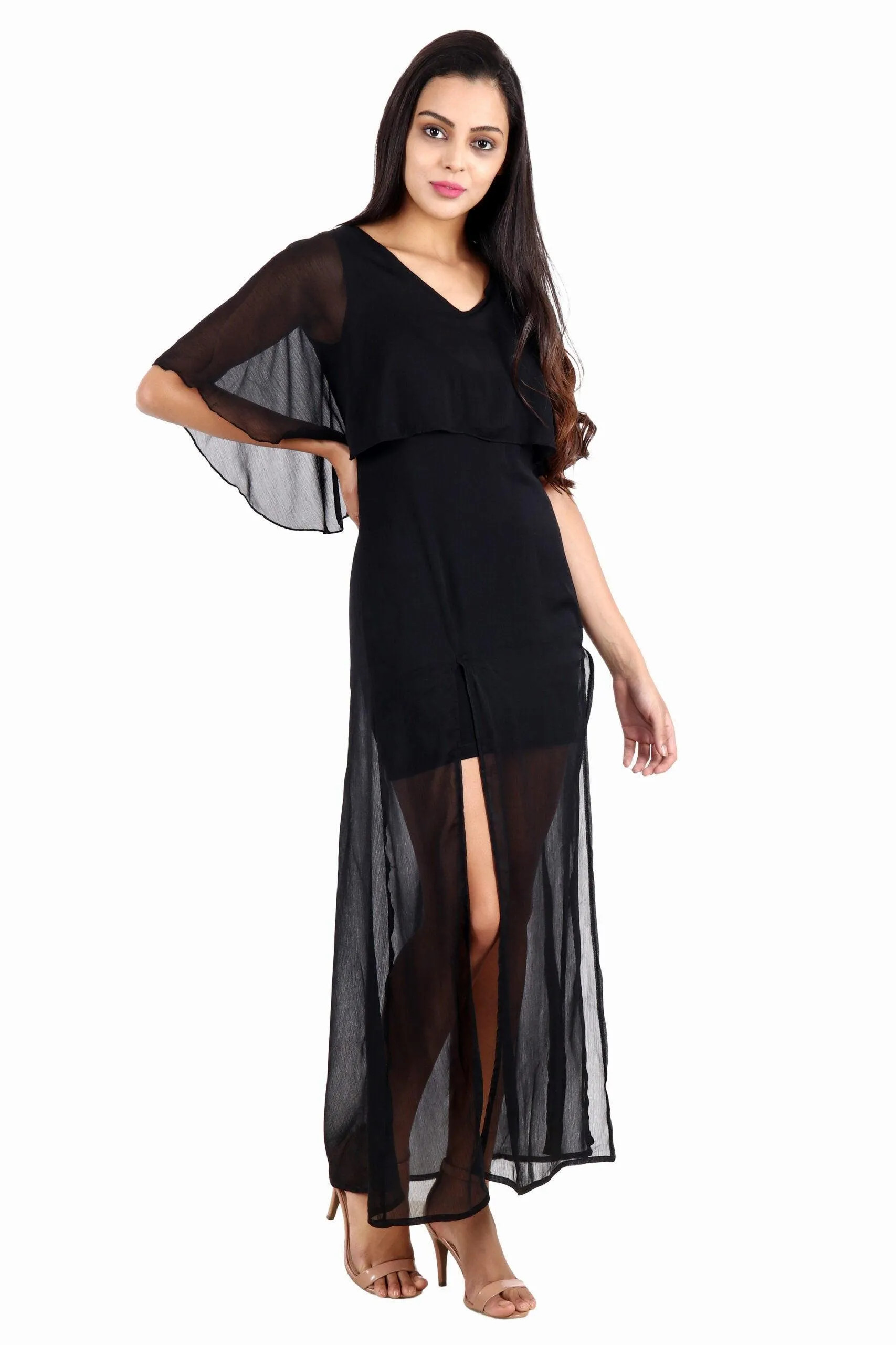 Black Solid Dress with Front Slits