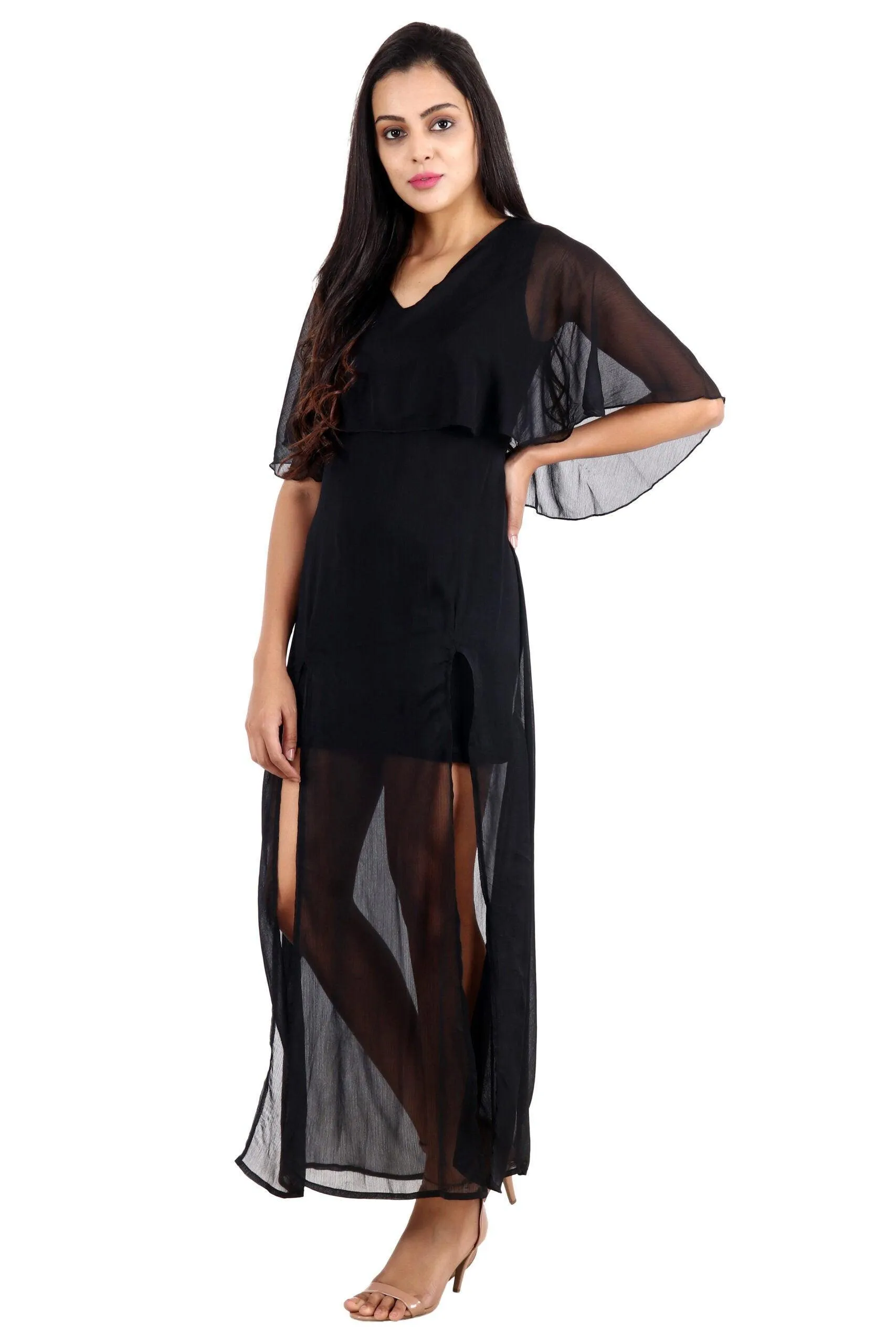 Black Solid Dress with Front Slits