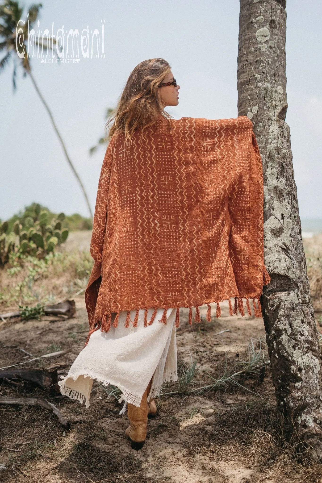 Blanket Poncho with Block Print for Women / Rust