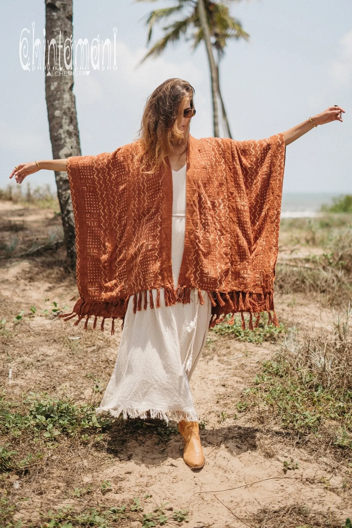 Blanket Poncho with Block Print for Women / Rust