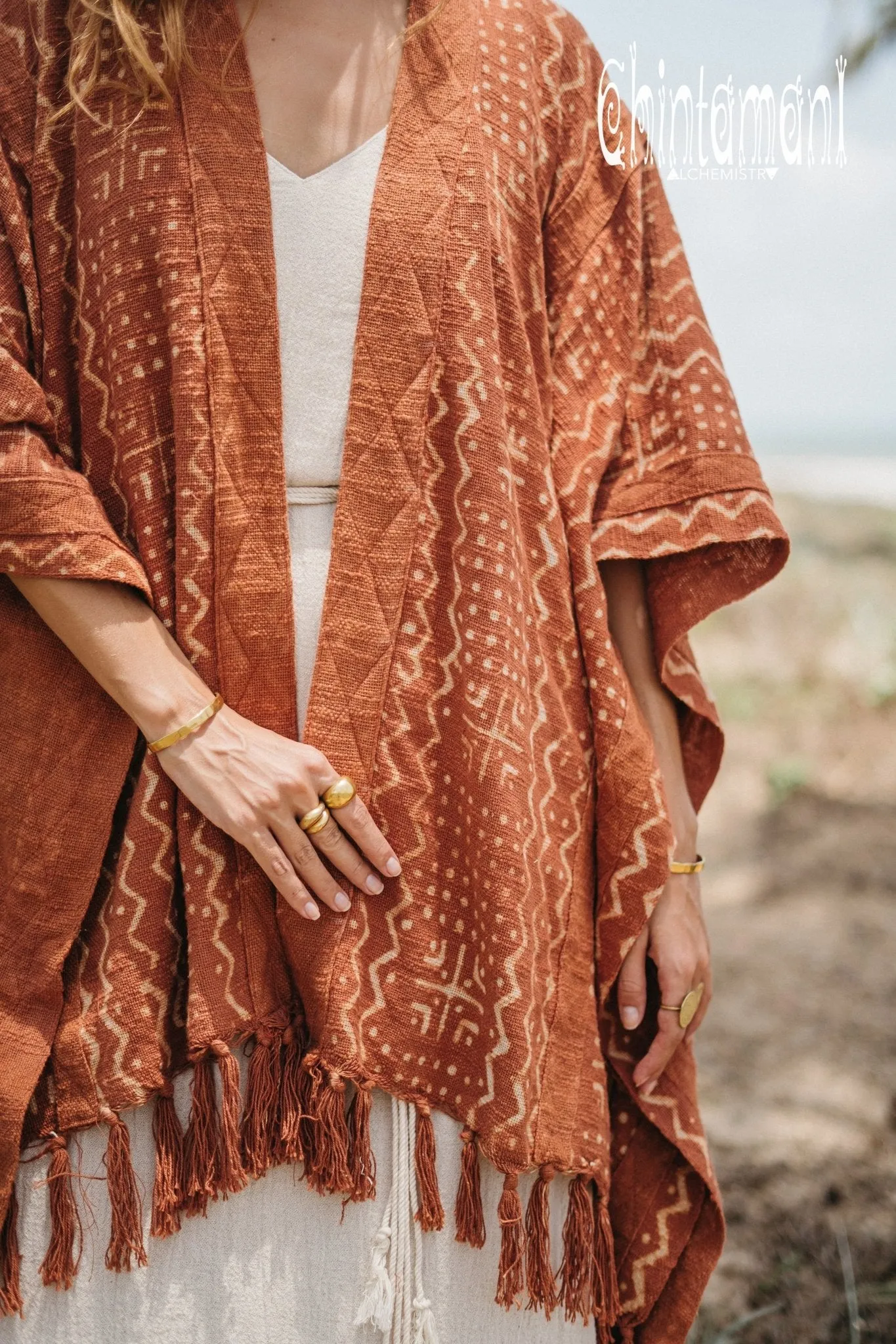 Blanket Poncho with Block Print for Women / Rust