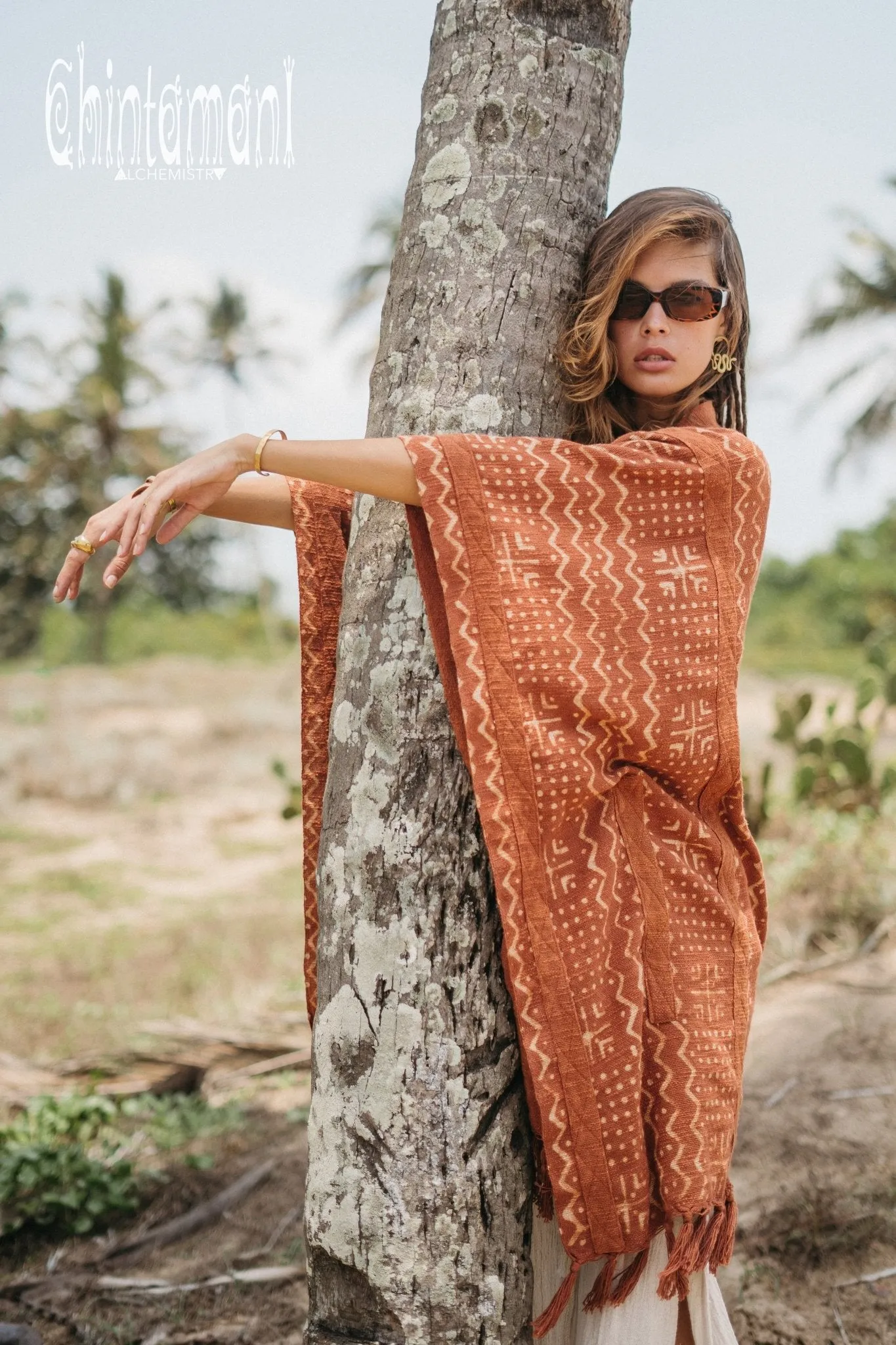 Blanket Poncho with Block Print for Women / Rust