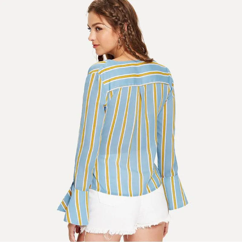 Blue & Yellow Stripe Wrap Top