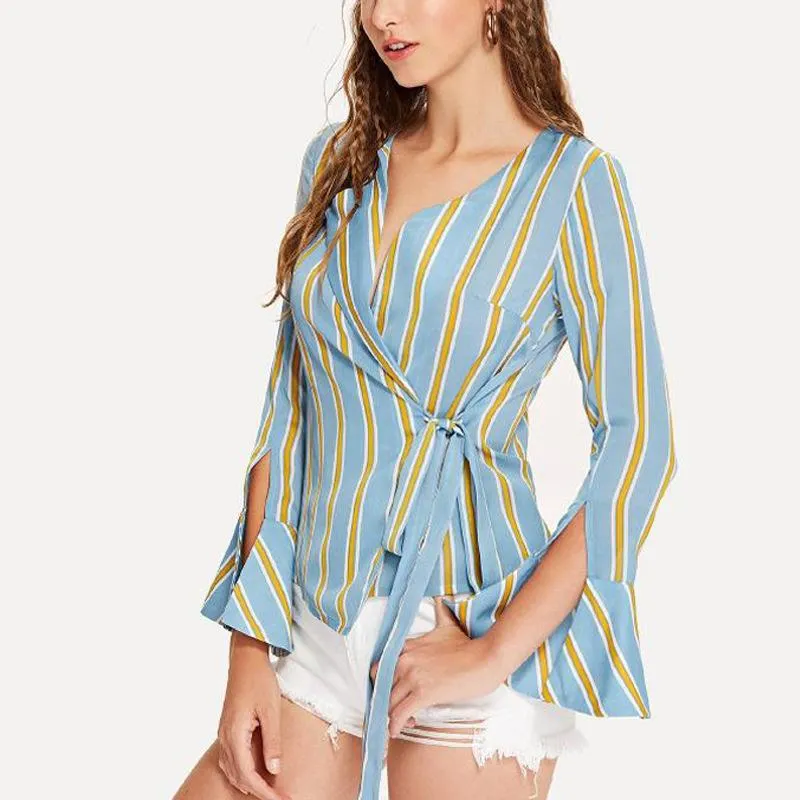 Blue & Yellow Stripe Wrap Top