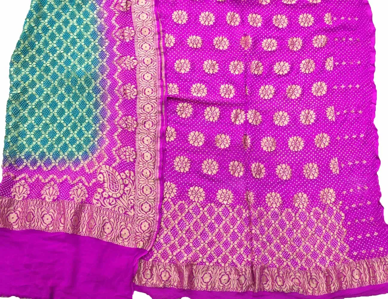 Blue And Pink Banarasi Bandhani Pure Georgette Three Piece Unstitched Suit Set