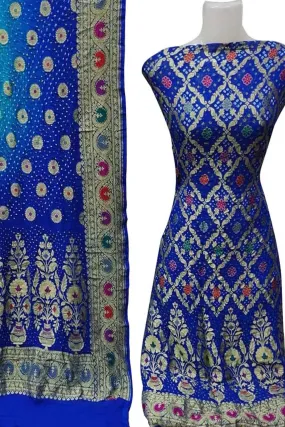 Blue Banarasi Bandhani Handloom Pure Georgette Three Piece Unstitched Suit Set